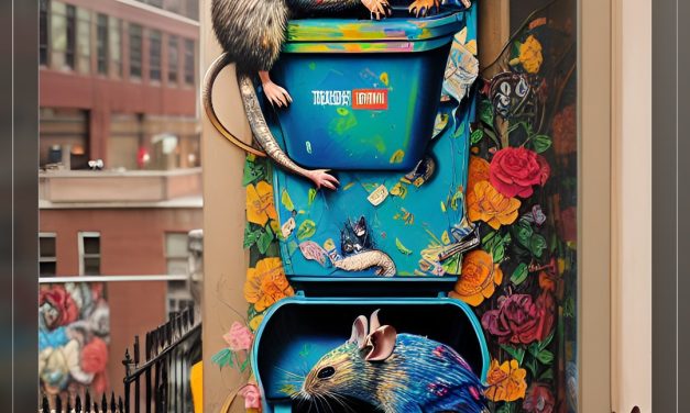 Filthy New York City rats climbing out of a toilet and into a garbage can.